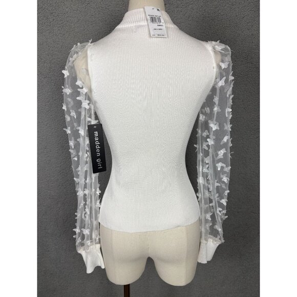 Madden Girl Women's Juniors' Ribbed Top Sheer Butterfly Sleeves White Small NWTs - Picture 4 of 8